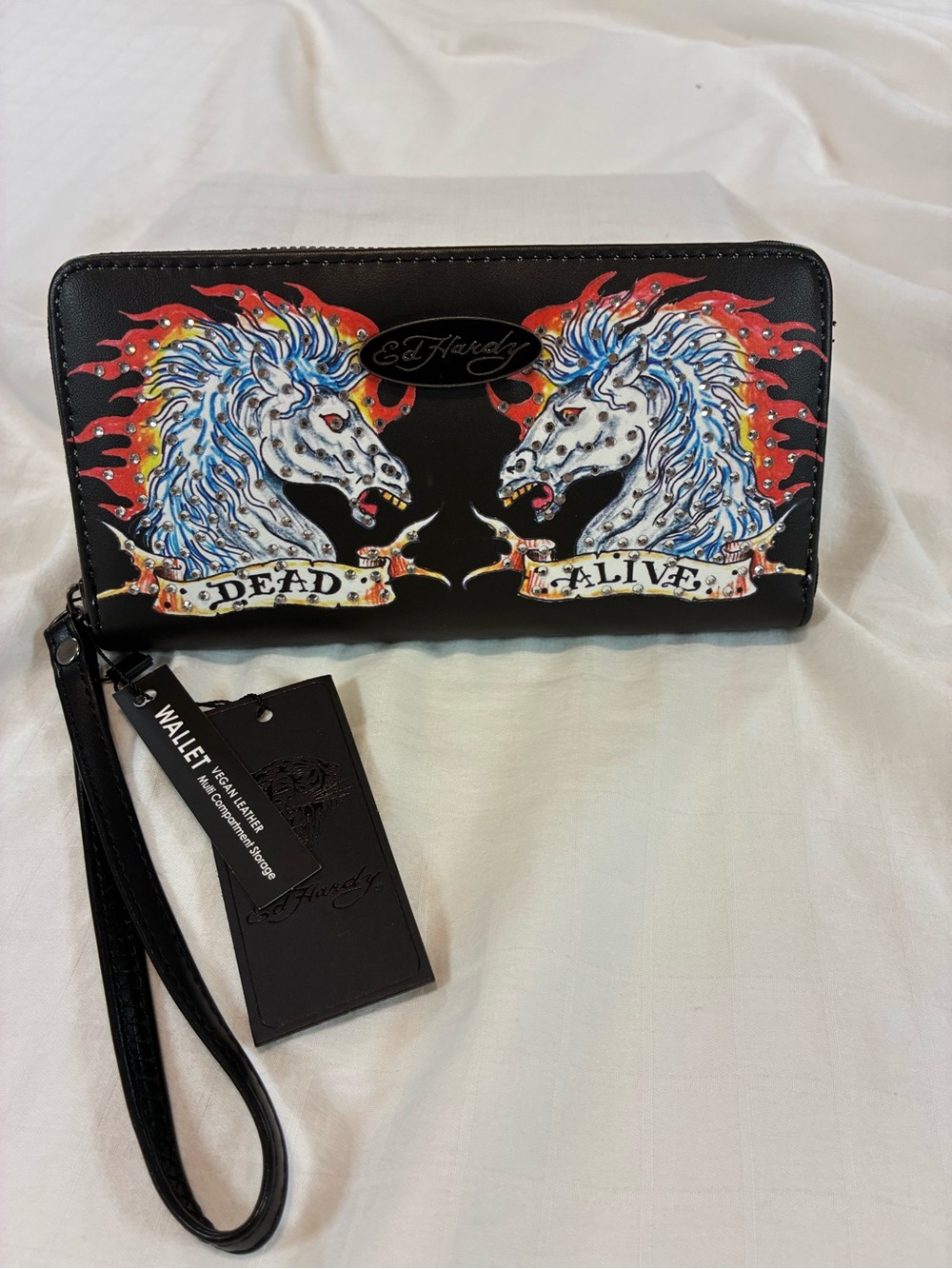 Ed Hardy Black Zip-Around Wristlet Wallet with Red & Blue Unicorn Motif